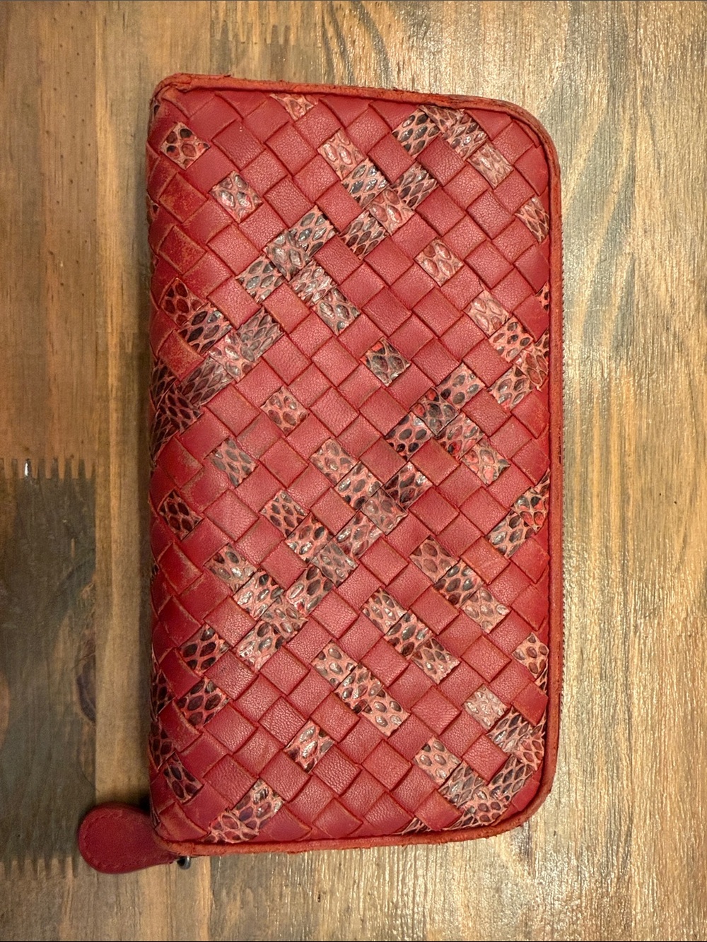 Bottega Veneta Red Intrecciato Woven Leather Zip-around Wallet